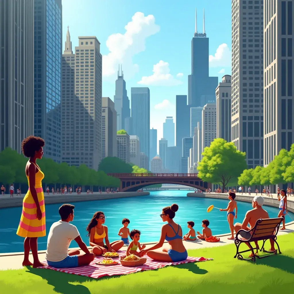 Zielony park w sercu miasta z drzewami i alejkami spacerowymi.